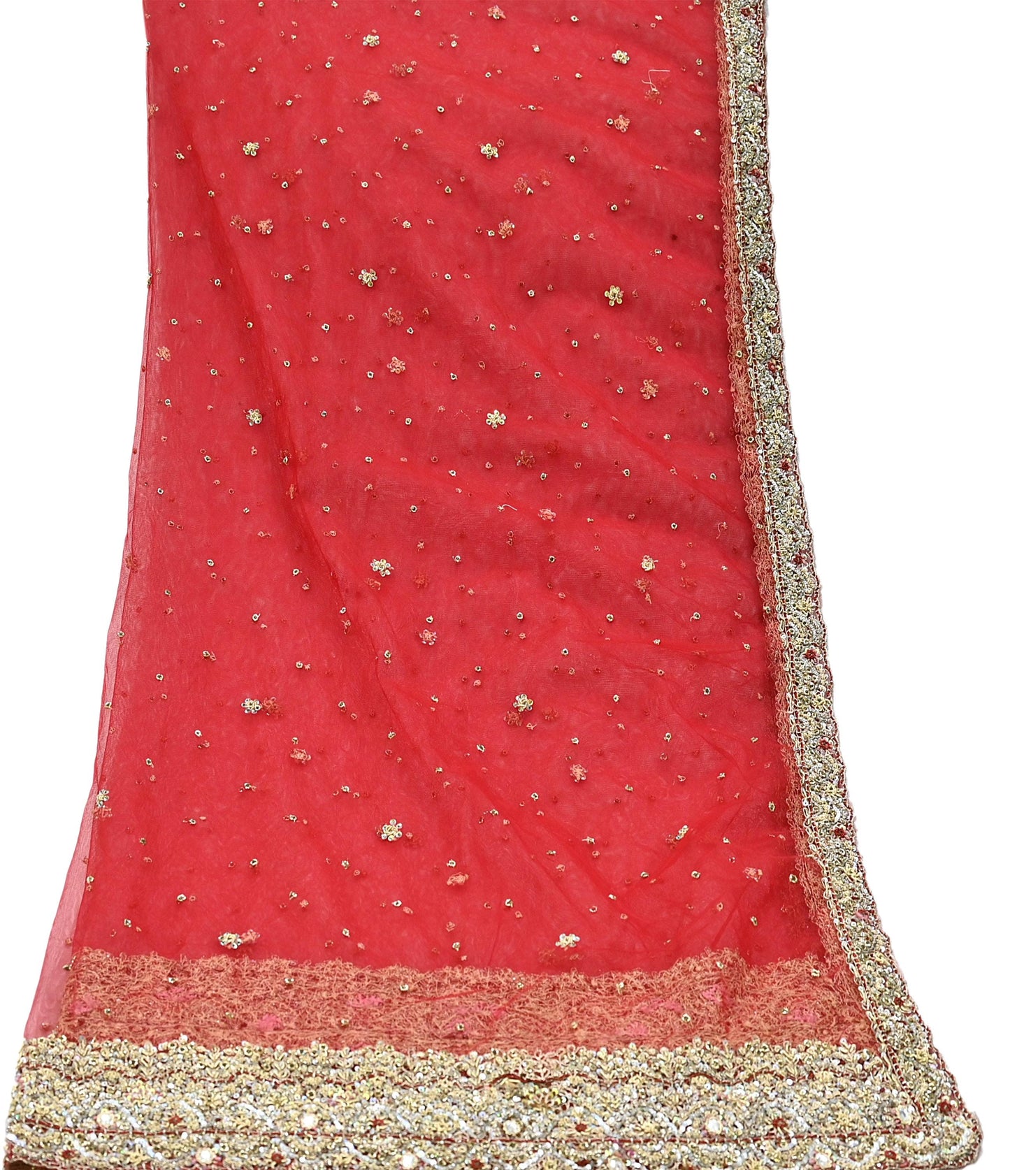 Indian Vintage Heavy Red Dupatta Net Mesh Long Stole Hand Embroidered Scarves Golden Zardozi Zari Sequins Stole