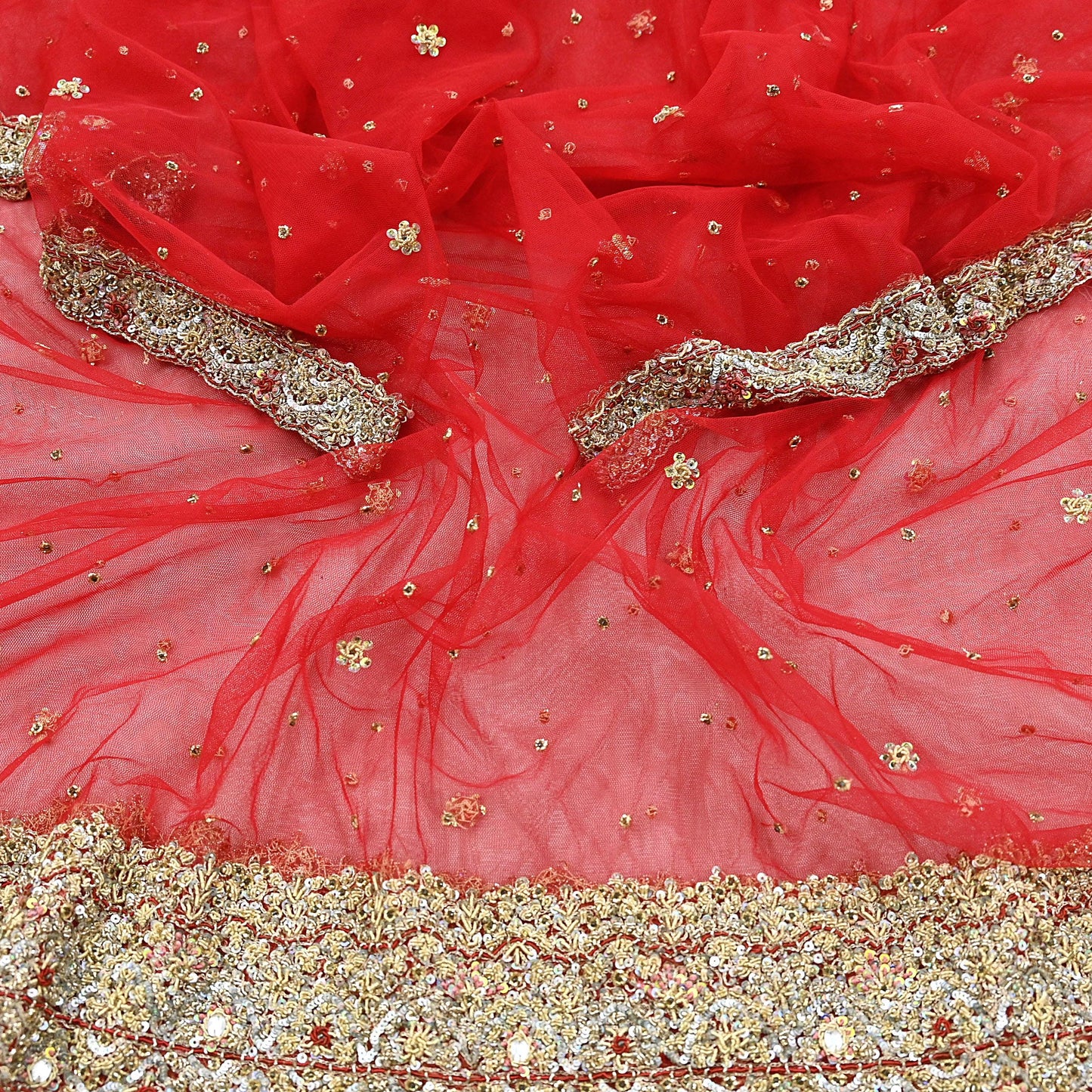 Indian Vintage Heavy Red Dupatta Net Mesh Long Stole Hand Embroidered Scarves Golden Zardozi Zari Sequins Stole