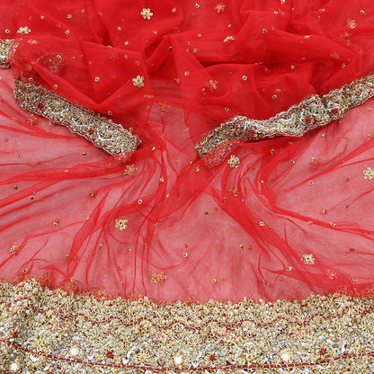 Indian Vintage Heavy Red Dupatta Net Mesh Long Stole Hand Embroidered Scarves Golden Zardozi Zari Sequins Stole