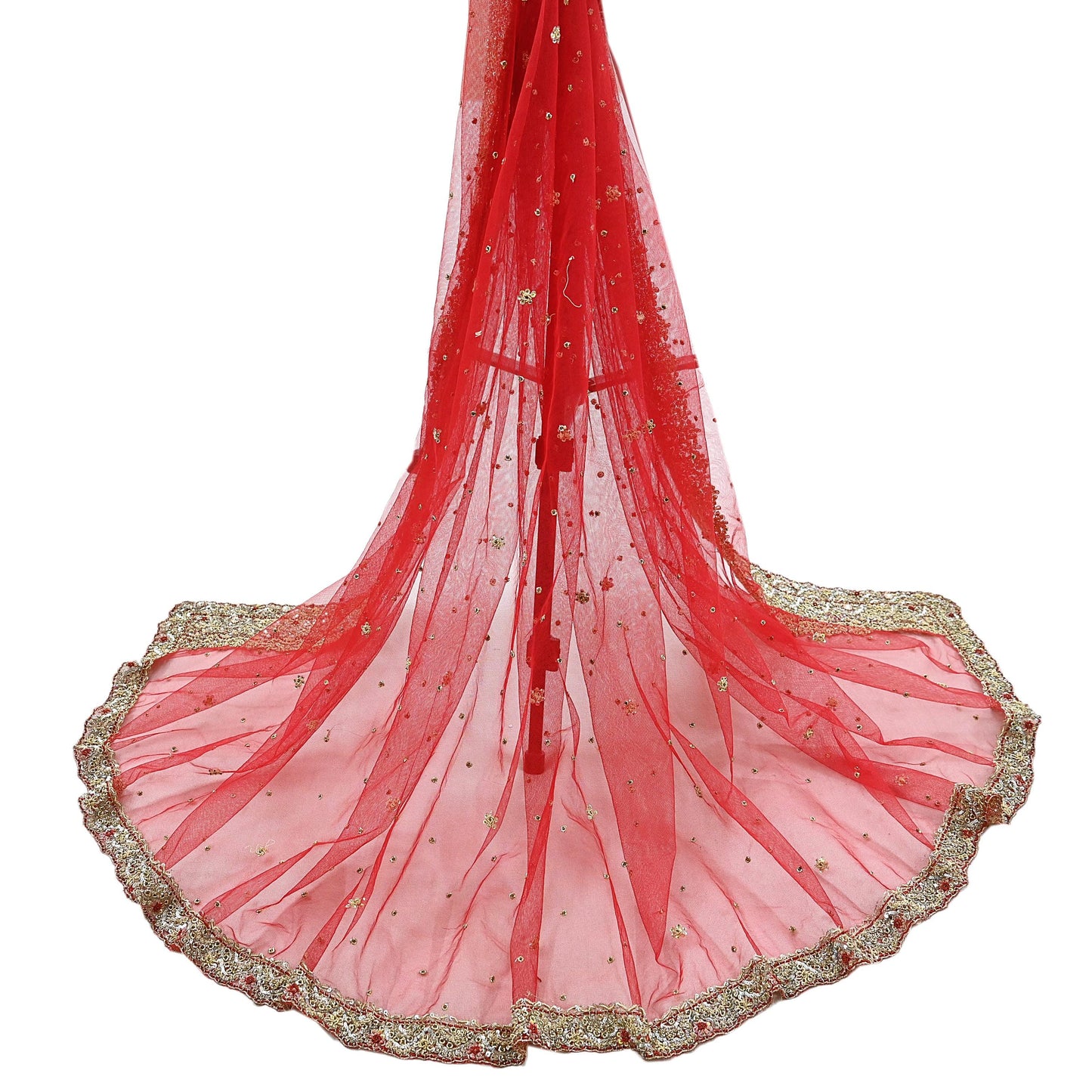 Indian Vintage Heavy Red Dupatta Net Mesh Long Stole Hand Embroidered Scarves Golden Zardozi Zari Sequins Stole