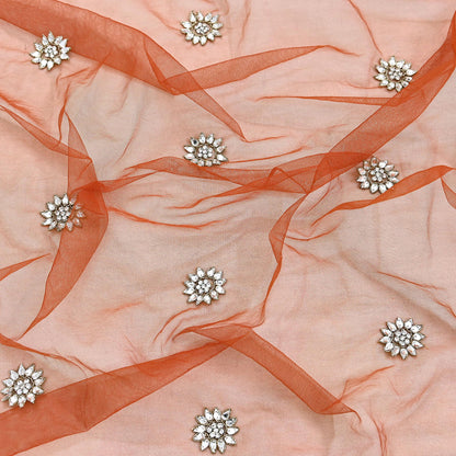 Indian Vintage Heavy Orange Dupatta Net Mesh Long Stole Hand Embroidered Scarves Golden Zardozi Dabka Zari Stole Bridal/ Wedding veil