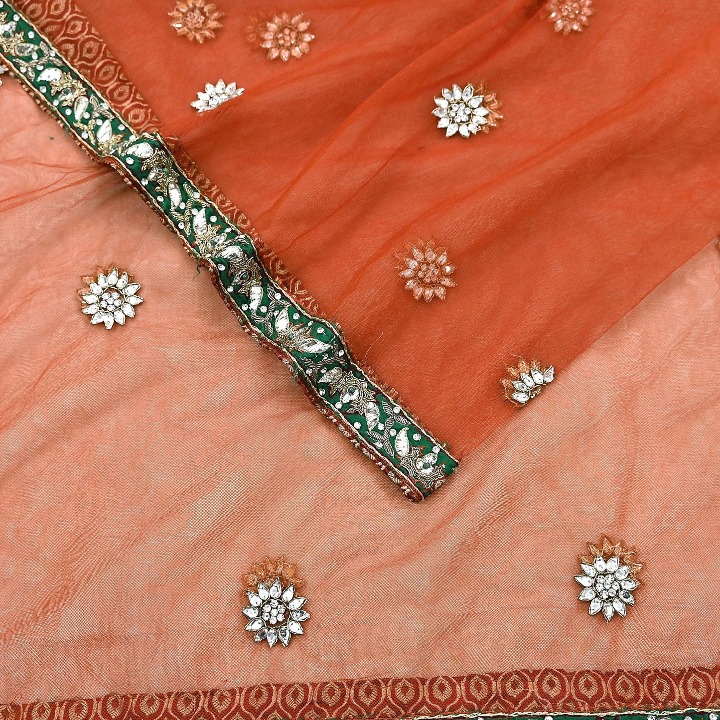 Indian Vintage Heavy Orange Dupatta Net Mesh Long Stole Hand Embroidered Scarves Golden Zardozi Dabka Zari Stole Bridal/ Wedding veil