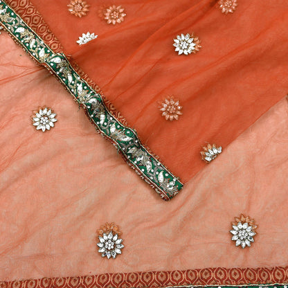 Indian Vintage Heavy Orange Dupatta Net Mesh Long Stole Hand Embroidered Scarves Golden Zardozi Dabka Zari Stole Bridal/ Wedding veil