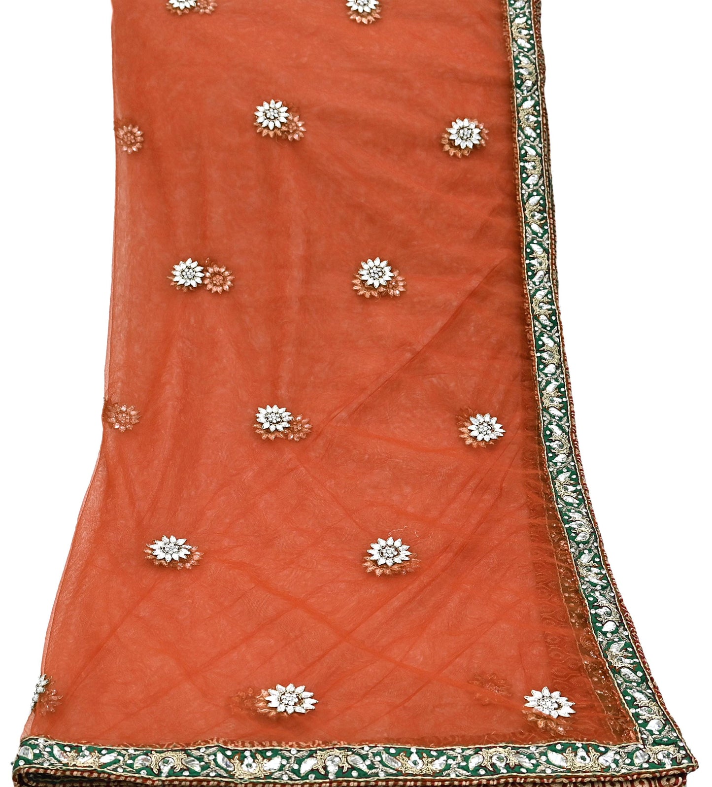 Indian Vintage Heavy Orange Dupatta Net Mesh Long Stole Hand Embroidered Scarves Golden Zardozi Dabka Zari Stole Bridal/ Wedding veil