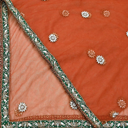 Indian Vintage Heavy Orange Dupatta Net Mesh Long Stole Hand Embroidered Scarves Golden Zardozi Dabka Zari Stole Bridal/ Wedding veil