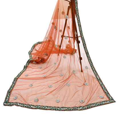 Indian Vintage Heavy Orange Dupatta Net Mesh Long Stole Hand Embroidered Scarves Golden Zardozi Dabka Zari Stole Bridal/ Wedding veil