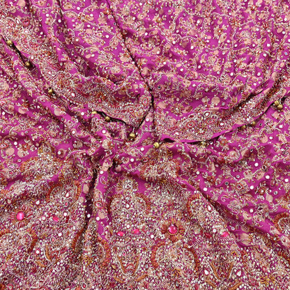 Indian Vintage Heavy Magenta Dupatta Pure Georgette Silk Long Stole Hand Embroidered Scarf Zardozi/Dabka