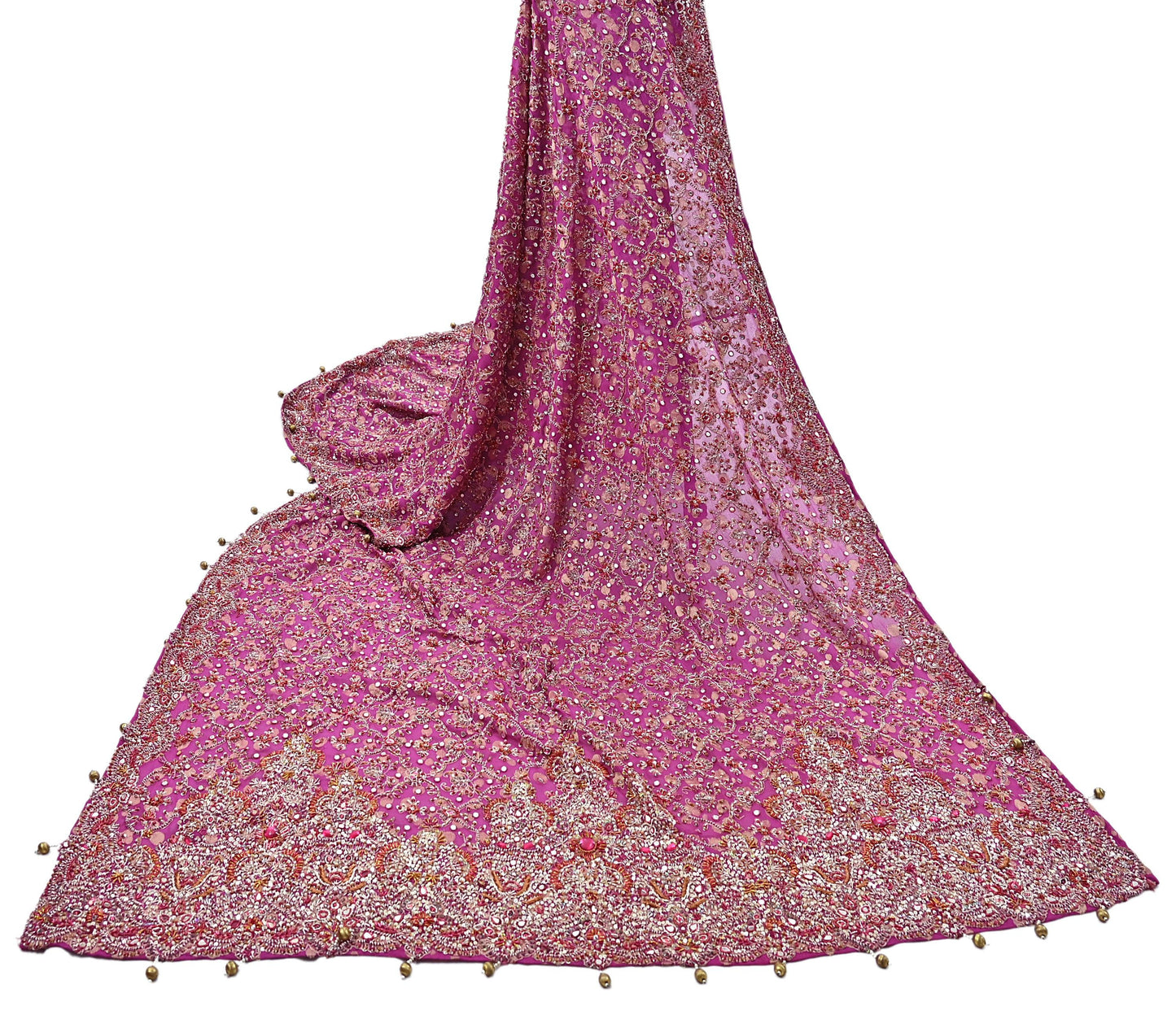 Indian Vintage Heavy Magenta Dupatta Pure Georgette Silk Long Stole Hand Embroidered Scarf Zardozi/Dabka
