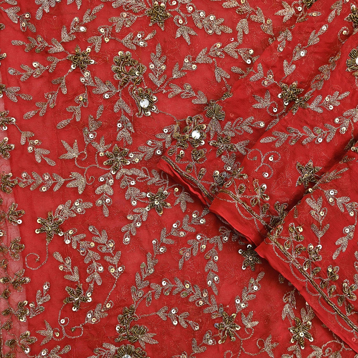 Indian Vintage Heavy Red Dupatta Georgette Long Stole Hand Embroidered Scarf Zardozi/Dabka Wedding/ Bridal Veil Party Wear