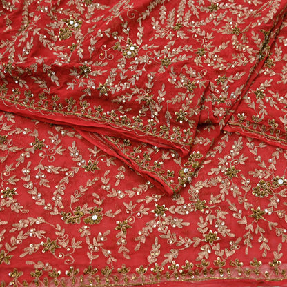 Indian Vintage Heavy Red Dupatta Georgette Long Stole Hand Embroidered Scarf Zardozi/Dabka Wedding/ Bridal Veil Party Wear