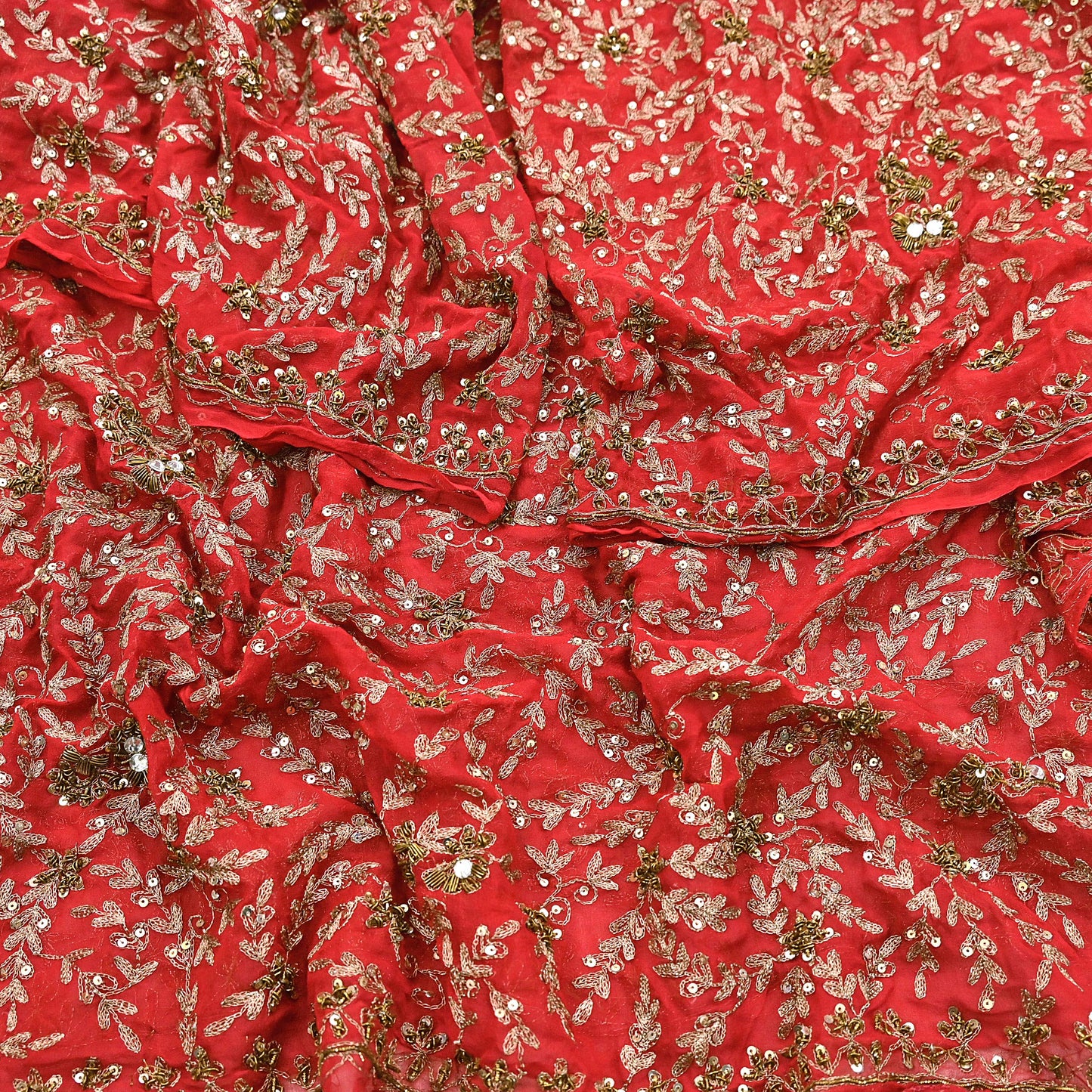 Indian Vintage Heavy Red Dupatta Georgette Long Stole Hand Embroidered Scarf Zardozi/Dabka Wedding/ Bridal Veil Party Wear