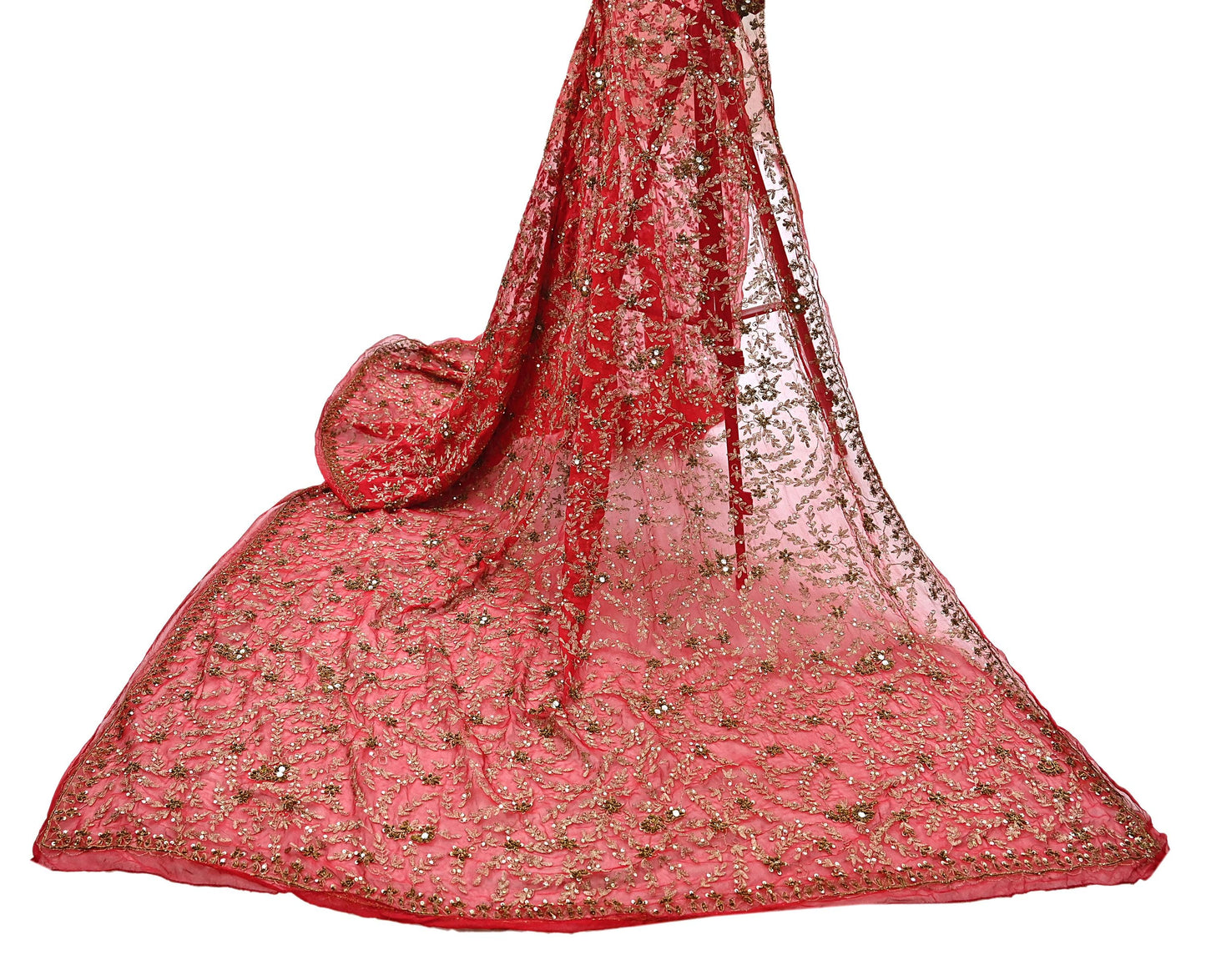 Indian Vintage Heavy Red Dupatta Georgette Long Stole Hand Embroidered Scarf Zardozi/Dabka Wedding/ Bridal Veil Party Wear