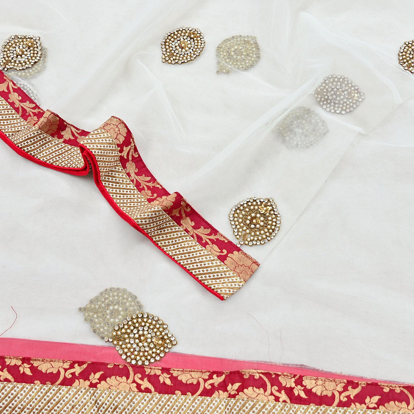 Indian Vintage Heavy White Dupatta Net Mesh Long Stole Hand Embroidered Scarves Sequins Zardozi Dabka Zari Stole