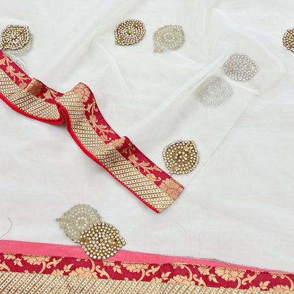 Indian Vintage Heavy White Dupatta Net Mesh Long Stole Hand Embroidered Scarves Sequins Zardozi Dabka Zari Stole