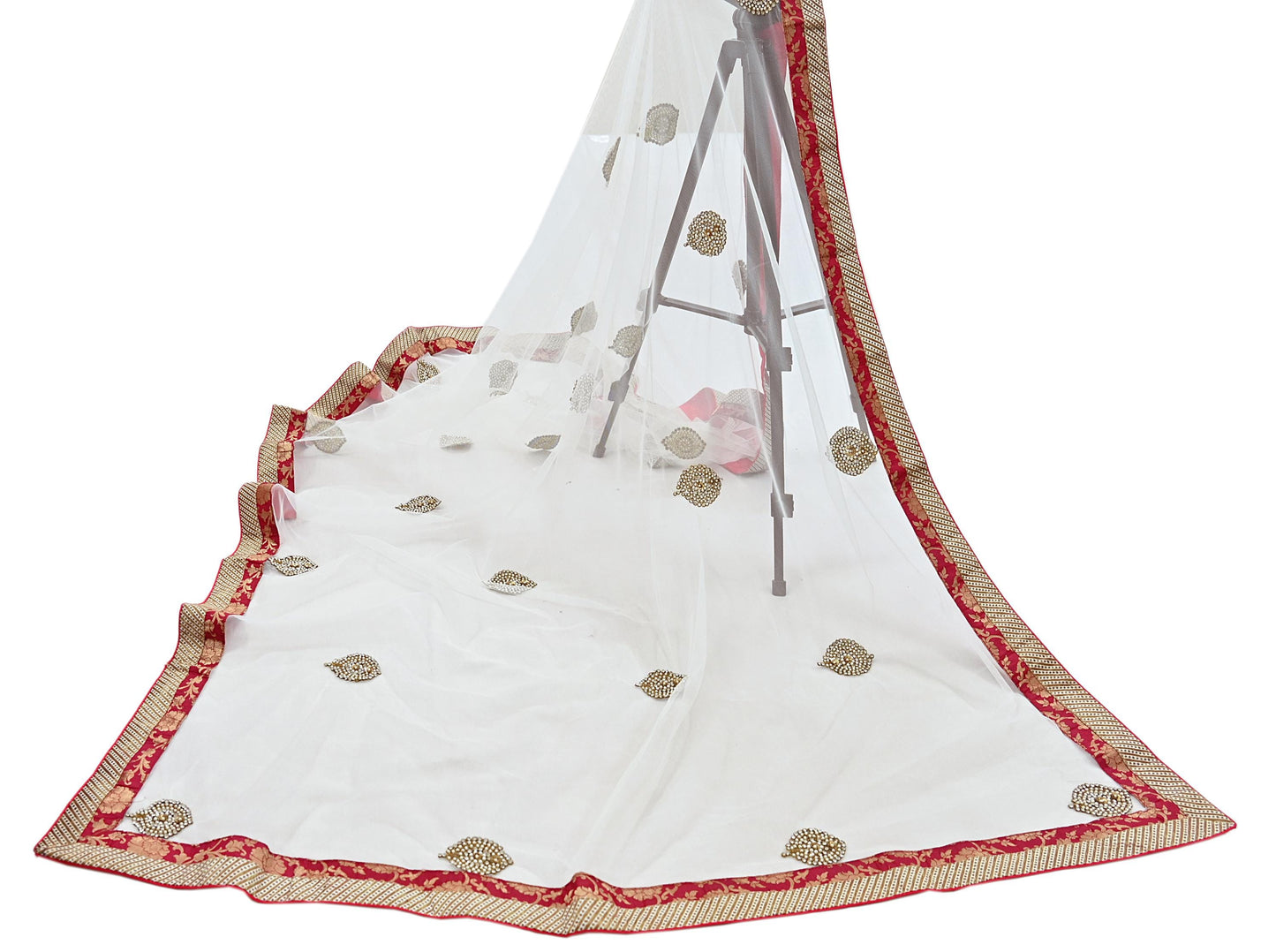 Indian Vintage Heavy White Dupatta Net Mesh Long Stole Hand Embroidered Scarves Sequins Zardozi Dabka Zari Stole