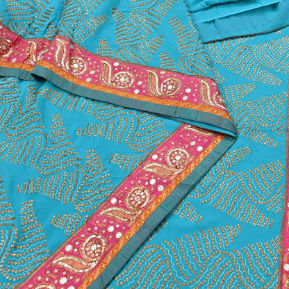 Indian Vintage Heavy Sari Blue Pure Georgette Silk Hand Embroidered Sarees Craft Fabric 6Yd Sewing Ethnic Bollywood saree Dress making