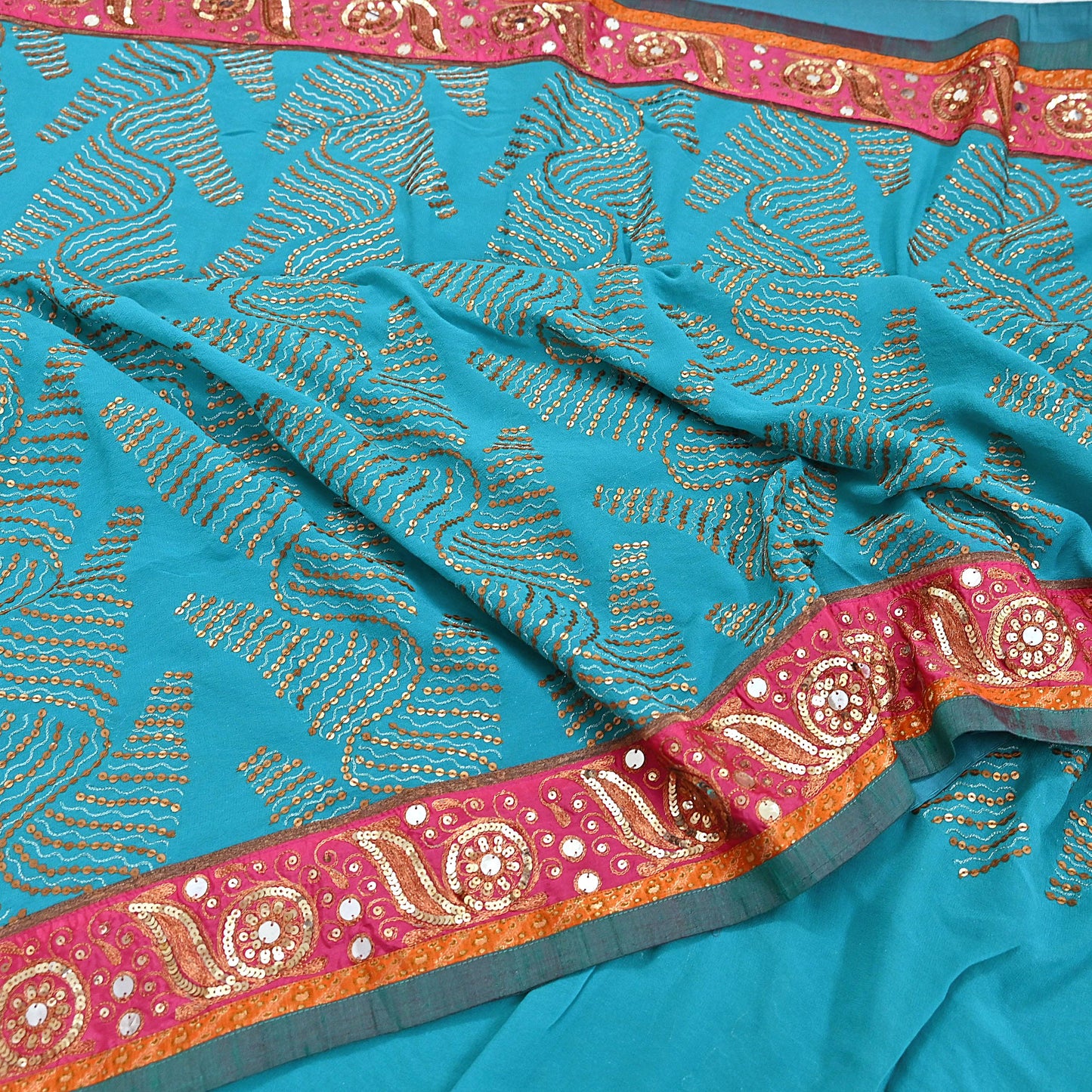Indian Vintage Heavy Sari Blue Pure Georgette Silk Hand Embroidered Sarees Craft Fabric 6Yd Sewing Ethnic Bollywood saree Dress making