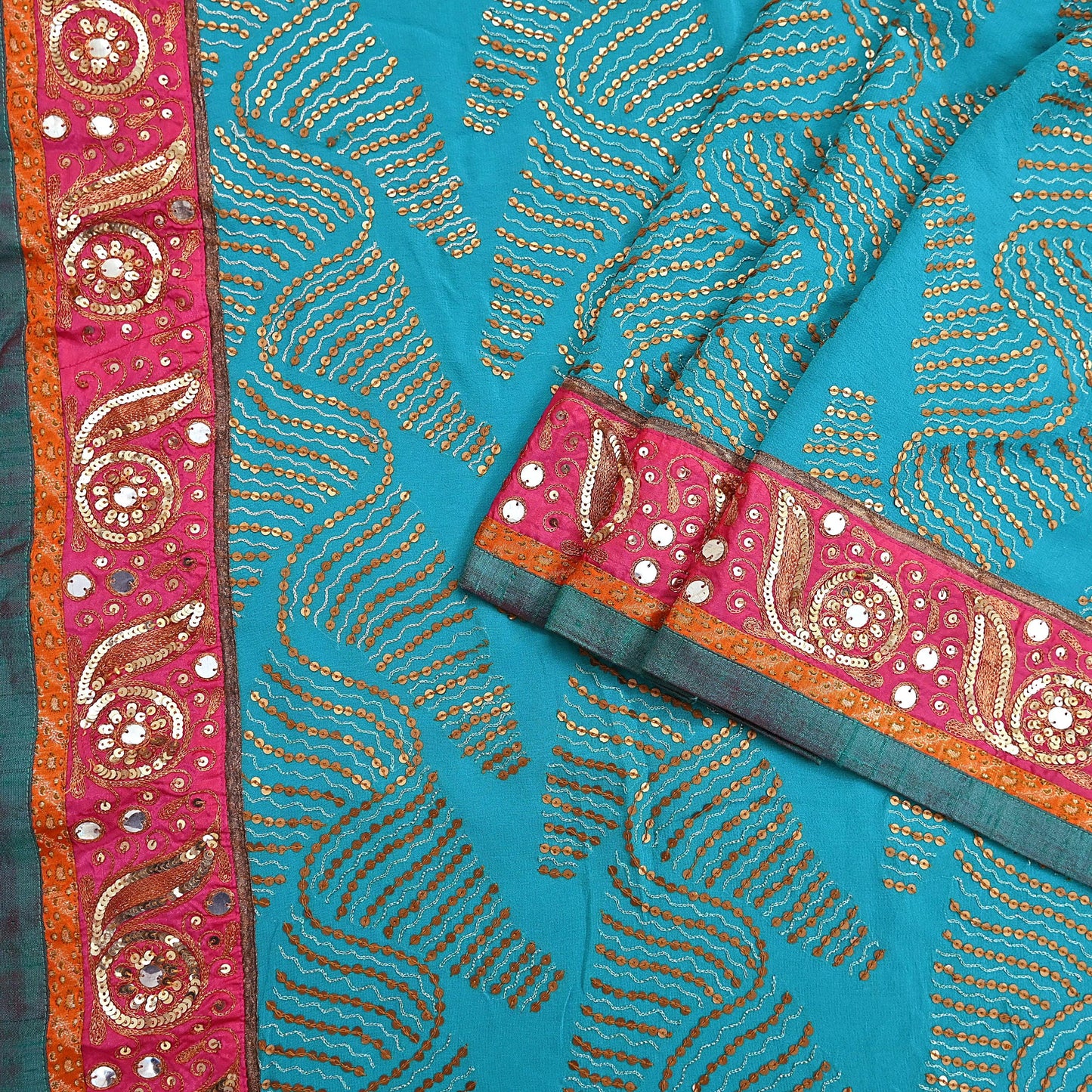 Indian Vintage Heavy Sari Blue Pure Georgette Silk Hand Embroidered Sarees Craft Fabric 6Yd Sewing Ethnic Bollywood saree Dress making