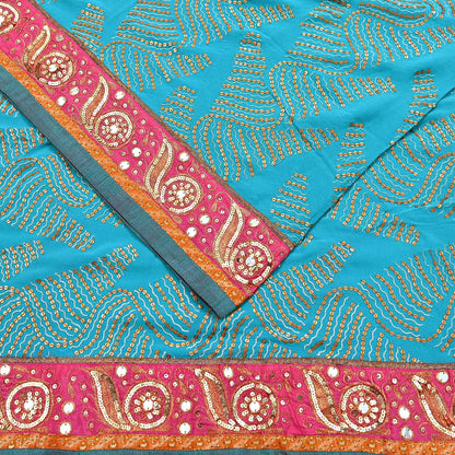 Indian Vintage Heavy Sari Blue Pure Georgette Silk Hand Embroidered Sarees Craft Fabric 6Yd Sewing Ethnic Bollywood saree Dress making