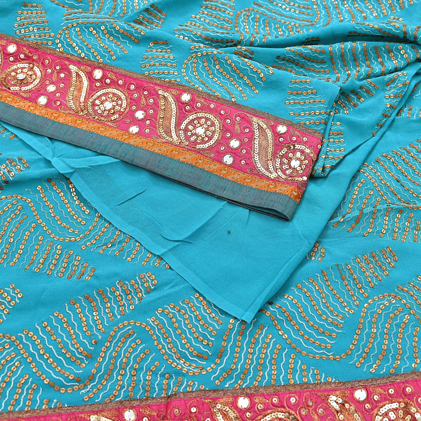 Indian Vintage Heavy Sari Blue Pure Georgette Silk Hand Embroidered Sarees Craft Fabric 6Yd Sewing Ethnic Bollywood saree Dress making