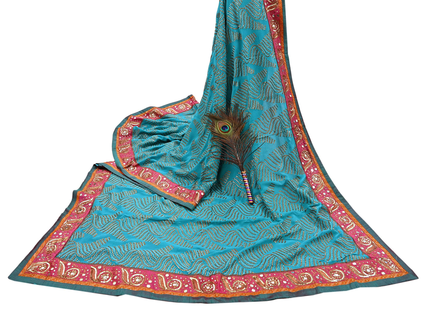 Indian Vintage Heavy Sari Blue Pure Georgette Silk Hand Embroidered Sarees Craft Fabric 6Yd Sewing Ethnic Bollywood saree Dress making