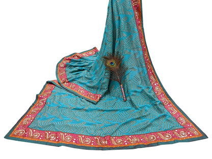 Indian Vintage Heavy Sari Blue Pure Georgette Silk Hand Embroidered Sarees Craft Fabric 6Yd Sewing Ethnic Bollywood saree Dress making
