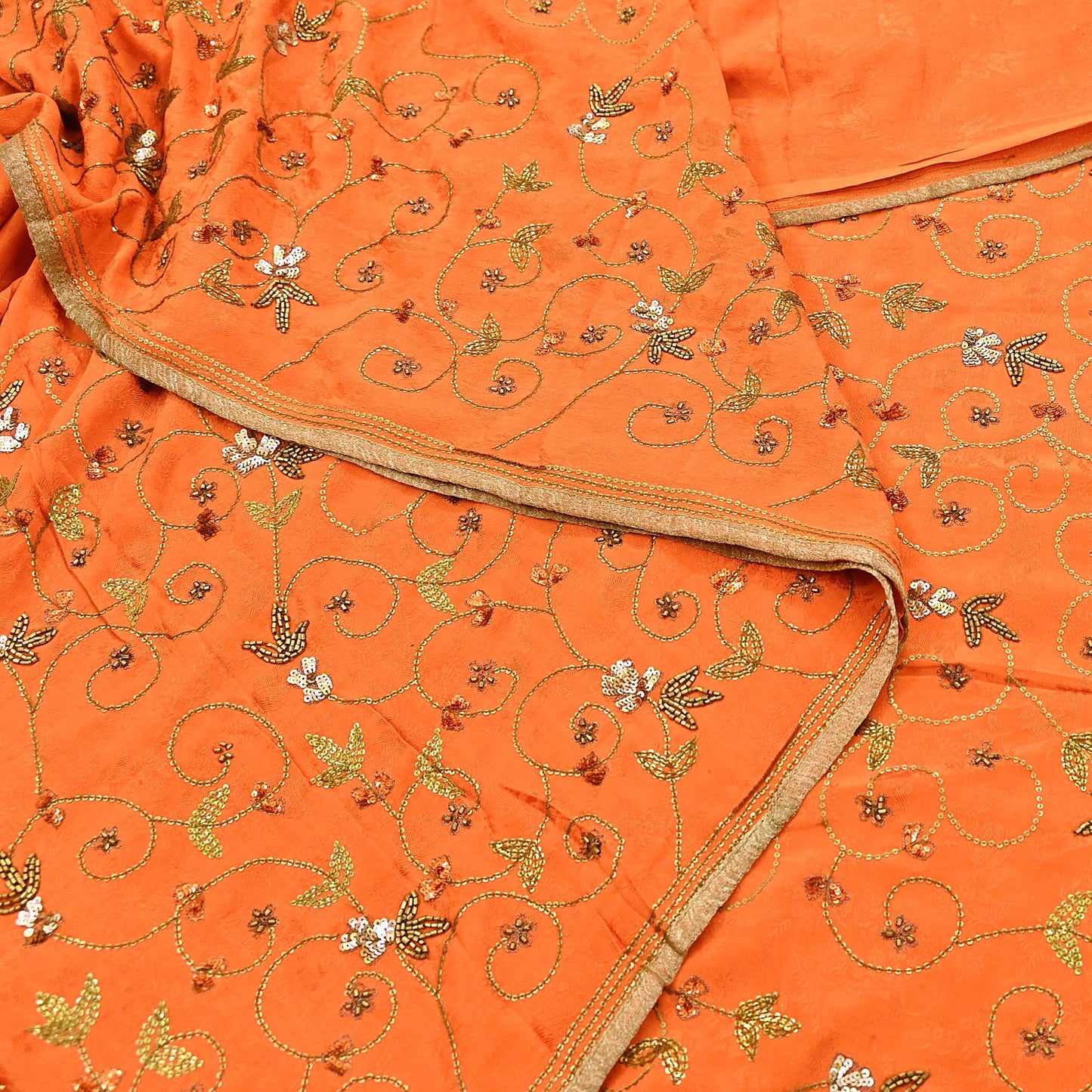 Indian Vintage Heavy Orange Saree Pure Crepe Silk Hand Embroidered Sari Fabric 5Yd Sewing Soft Zardozi/Dabka Sequins