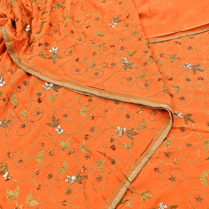 Indian Vintage Heavy Orange Saree Pure Crepe Silk Hand Embroidered Sari Fabric 5Yd Sewing Soft Zardozi/Dabka Sequins