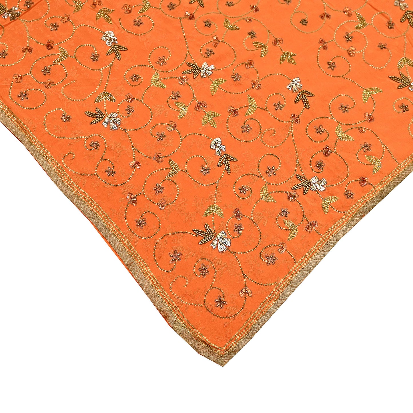 Indian Vintage Heavy Orange Saree Pure Crepe Silk Hand Embroidered Sari Fabric 5Yd Sewing Soft Zardozi/Dabka Sequins