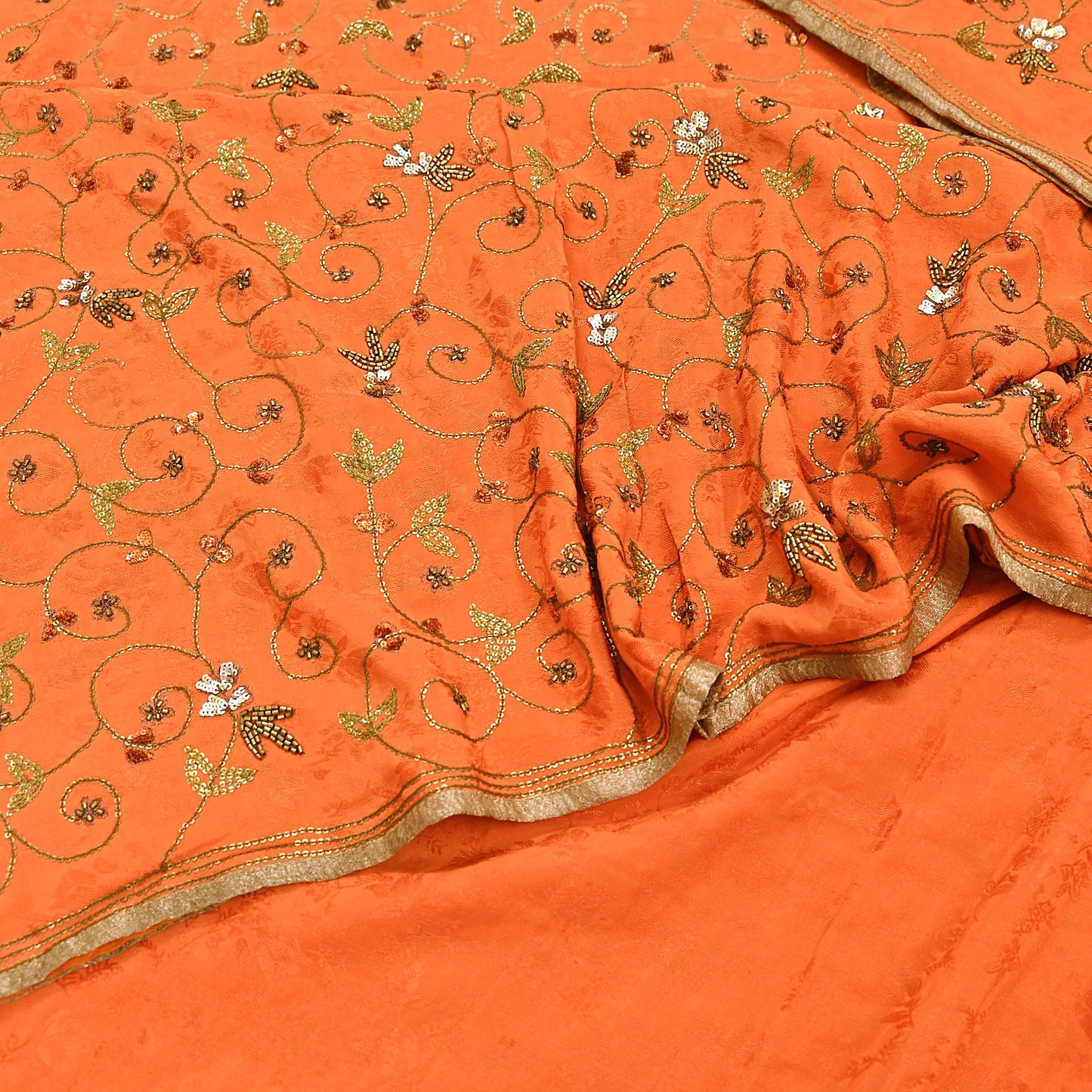 Indian Vintage Heavy Orange Saree Pure Crepe Silk Hand Embroidered Sari Fabric 5Yd Sewing Soft Zardozi/Dabka Sequins
