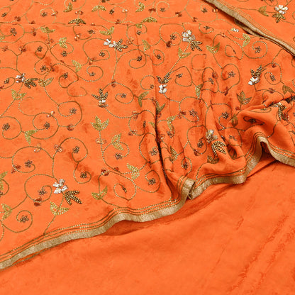 Indian Vintage Heavy Orange Saree Pure Crepe Silk Hand Embroidered Sari Fabric 5Yd Sewing Soft Zardozi/Dabka Sequins