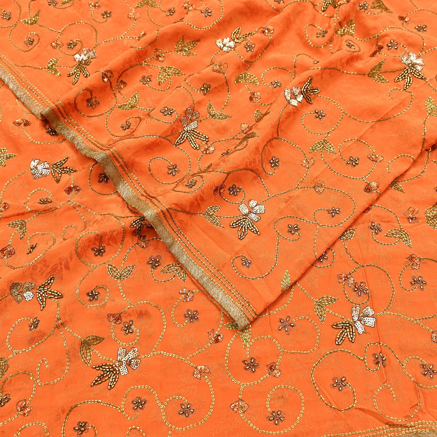 Indian Vintage Heavy Orange Saree Pure Crepe Silk Hand Embroidered Sari Fabric 5Yd Sewing Soft Zardozi/Dabka Sequins