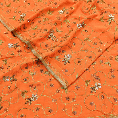 Indian Vintage Heavy Orange Saree Pure Crepe Silk Hand Embroidered Sari Fabric 5Yd Sewing Soft Zardozi/Dabka Sequins