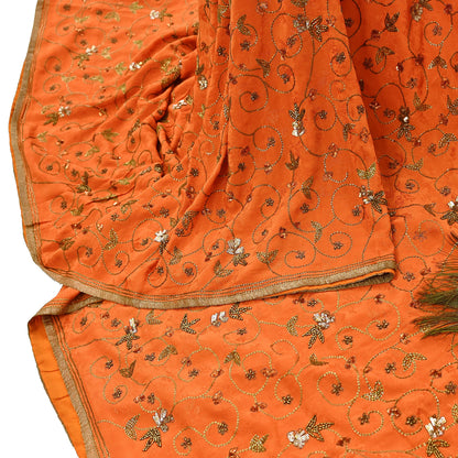 Indian Vintage Heavy Orange Saree Pure Crepe Silk Hand Embroidered Sari Fabric 5Yd Sewing Soft Zardozi/Dabka Sequins
