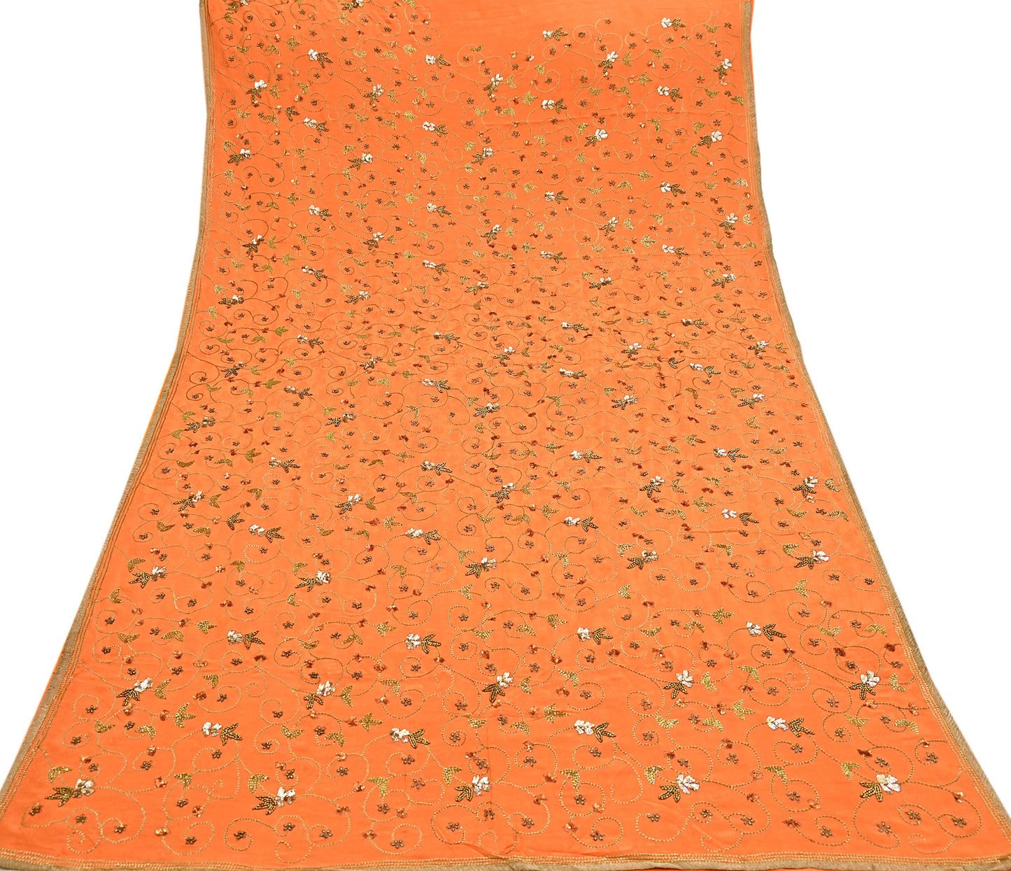 Indian Vintage Heavy Orange Saree Pure Crepe Silk Hand Embroidered Sari Fabric 5Yd Sewing Soft Zardozi/Dabka Sequins