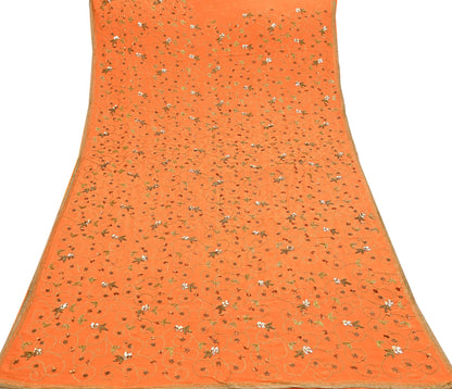 Indian Vintage Heavy Orange Saree Pure Crepe Silk Hand Embroidered Sari Fabric 5Yd Sewing Soft Zardozi/Dabka Sequins