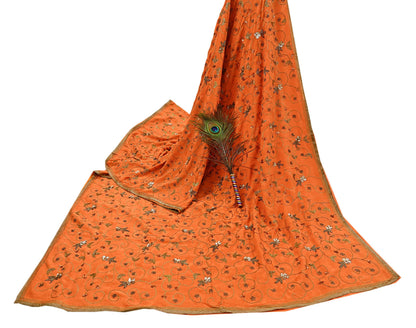 Indian Vintage Heavy Orange Saree Pure Crepe Silk Hand Embroidered Sari Fabric 5Yd Sewing Soft Zardozi/Dabka Sequins
