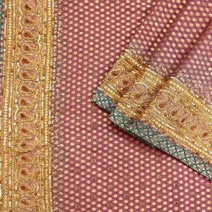 Indian Vintage Heavy Pink Saree Blend Georgette Hand Embroidered Sari Craft Fabric 6Yd Sewing Soft Ethnic Zari Dress Making wedding Sari