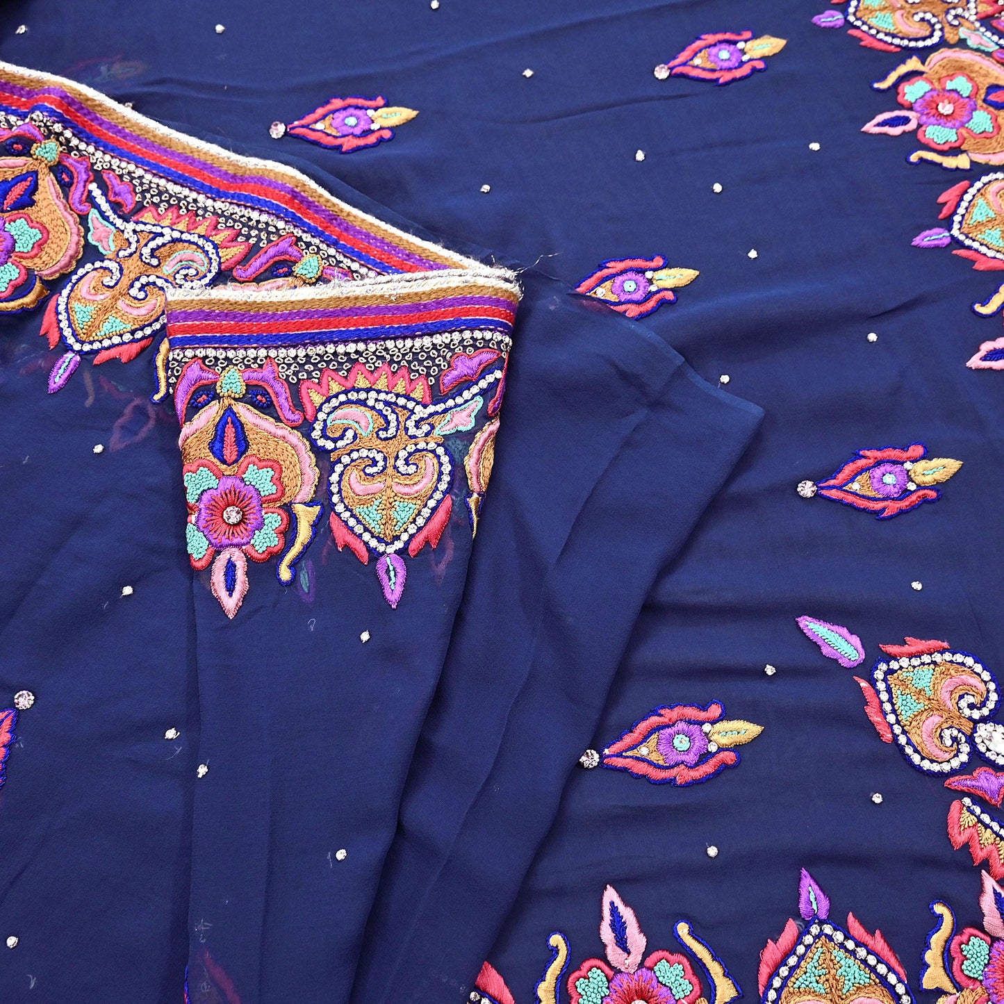 Indian Vintage Heavy Sari Blue Pure Georgette Silk Hand Beaded Sarees Craft Fabric 5Yd Sewing Soft Ethnic Wedding Sarees Dress making