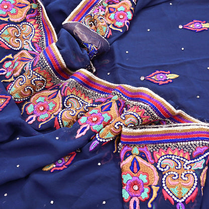 Indian Vintage Heavy Sari Blue Pure Georgette Silk Hand Beaded Sarees Craft Fabric 5Yd Sewing Soft Ethnic Wedding Sarees Dress making