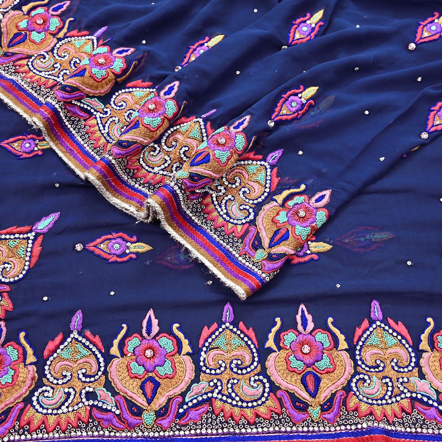 Indian Vintage Heavy Sari Blue Pure Georgette Silk Hand Beaded Sarees Craft Fabric 5Yd Sewing Soft Ethnic Wedding Sarees Dress making