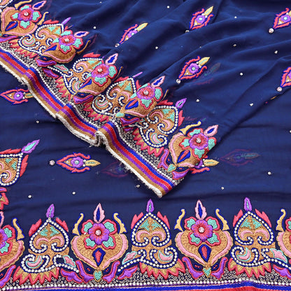 Indian Vintage Heavy Sari Blue Pure Georgette Silk Hand Beaded Sarees Craft Fabric 5Yd Sewing Soft Ethnic Wedding Sarees Dress making