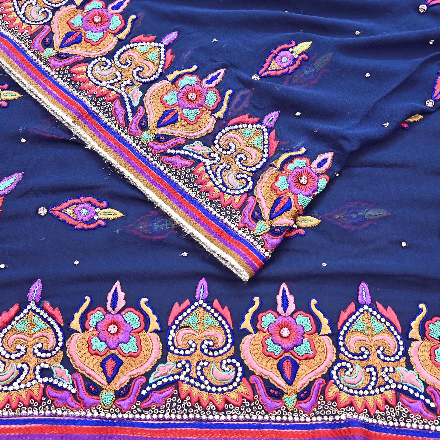 Indian Vintage Heavy Sari Blue Pure Georgette Silk Hand Beaded Sarees Craft Fabric 5Yd Sewing Soft Ethnic Wedding Sarees Dress making