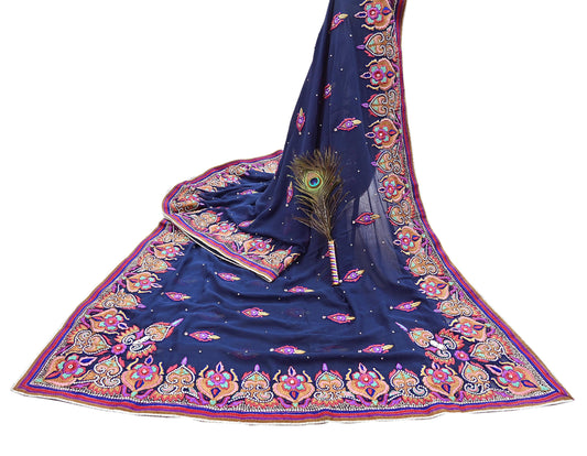 Indian Vintage Heavy Sari Blue Pure Georgette Silk Hand Beaded Sarees Craft Fabric 5Yd Sewing Soft Ethnic Wedding Sarees Dress making