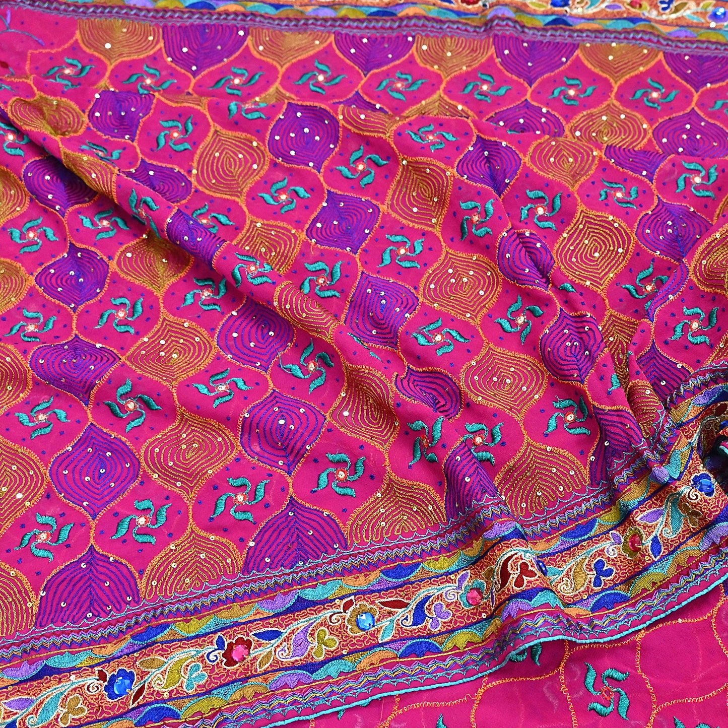 Indian Vintage Sari Rani Pink Pure Georgette Silk Hand Embroidered Sarees Ethnic Fabric 5Yd Sewing Soft Ethnic Glass Beaded Wedding Sarees