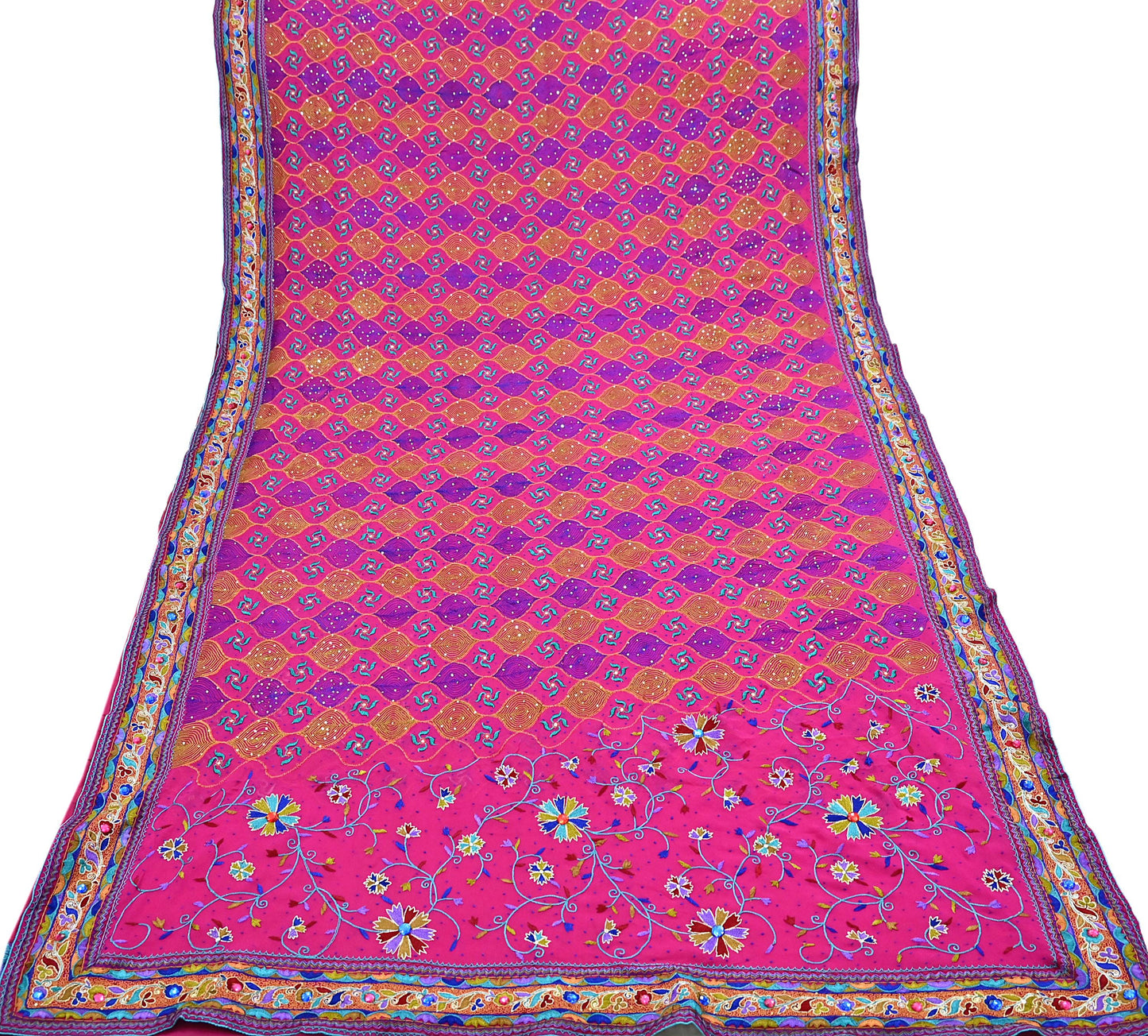 Indian Vintage Sari Rani Pink Pure Georgette Silk Hand Embroidered Sarees Ethnic Fabric 5Yd Sewing Soft Ethnic Glass Beaded Wedding Sarees