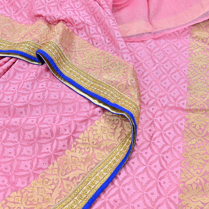 Indian Vintage Sari Pink Organza hand Embroidered Saree Craft Fabric 5Yd Sewing Ethnic Bollywood sarees Dress making