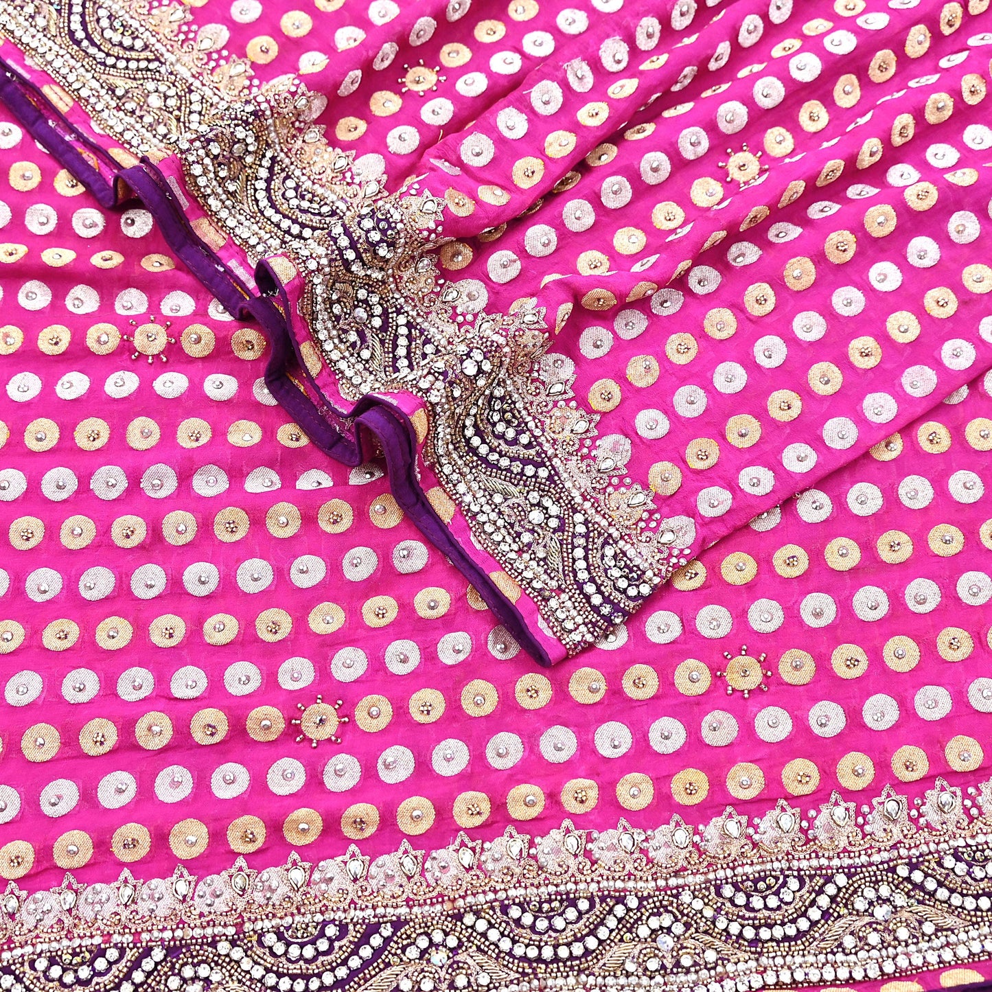 Indian Vintage Heavy Magenta Bridal Dupatta Pure Georgette Silk Hand Embroidered Zardozi, Dabka, Zari Work Party Wear Long Stole
