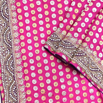 Indian Vintage Heavy Magenta Bridal Dupatta Pure Georgette Silk Hand Embroidered Zardozi, Dabka, Zari Work Party Wear Long Stole