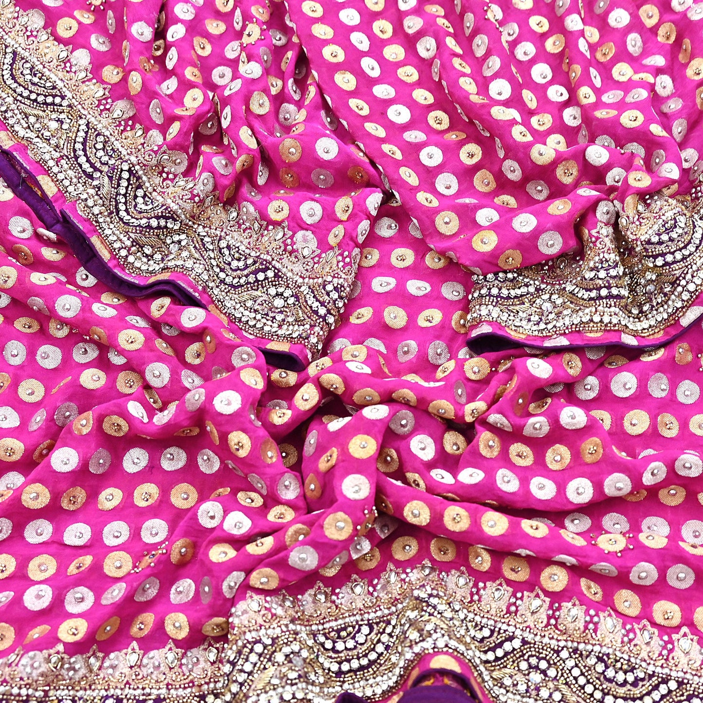 Indian Vintage Heavy Magenta Bridal Dupatta Pure Georgette Silk Hand Embroidered Zardozi, Dabka, Zari Work Party Wear Long Stole